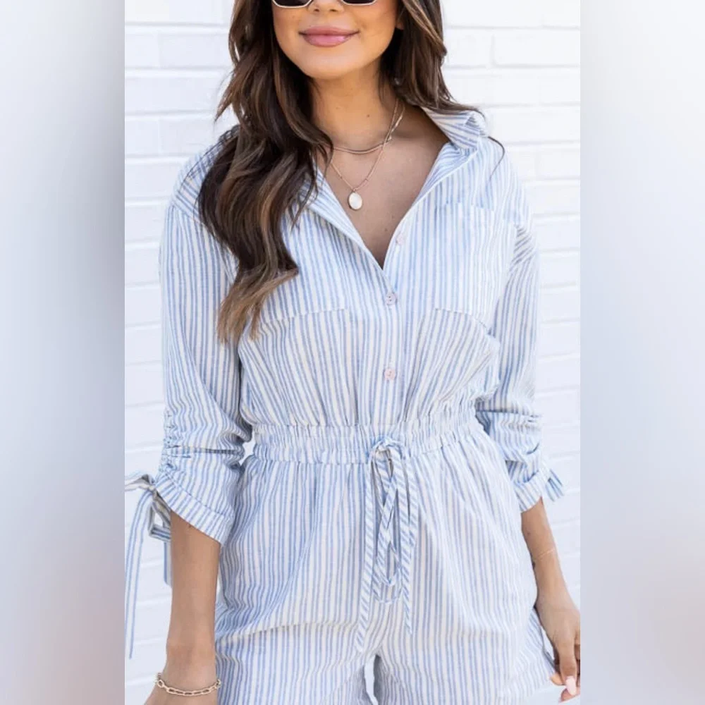 Pink Lily Should’ve Said Blue Stripe Collar Romper - Picture 3 of 15